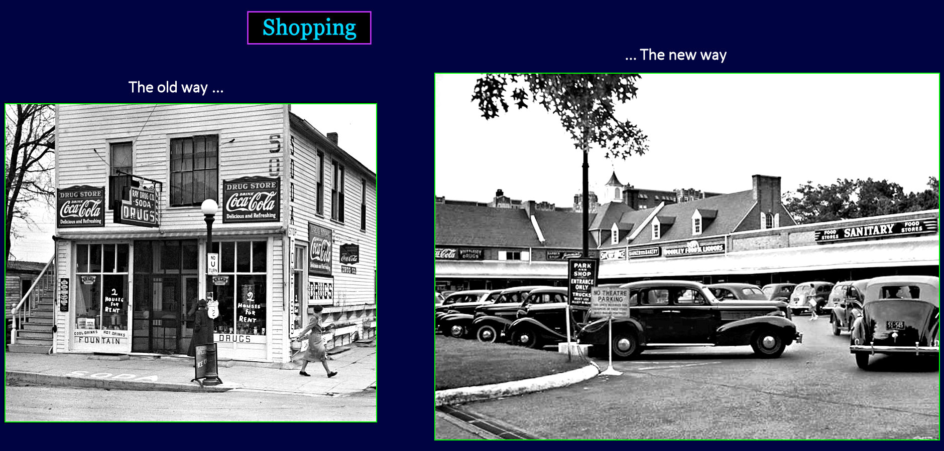 Strip mall shopping centers, 1940s